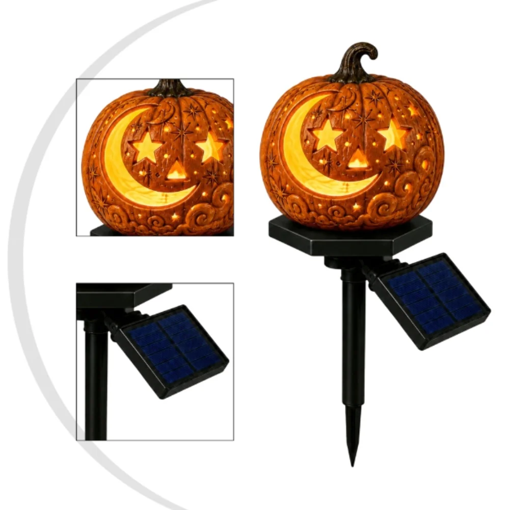 Resin Orange Pumpkin Lantern Solar Powered Halloween Outdoor Decor Light for Lawn Porch Table Garden Decoration