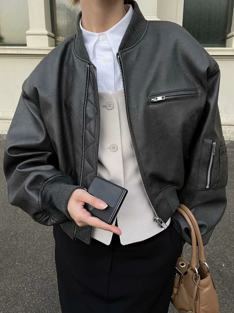 Vintage Zipper Motorcycle Leather Jacket for Women Trend Autumn New Loose Long-sleeved PU Leather Jacket Black High Quality Coat