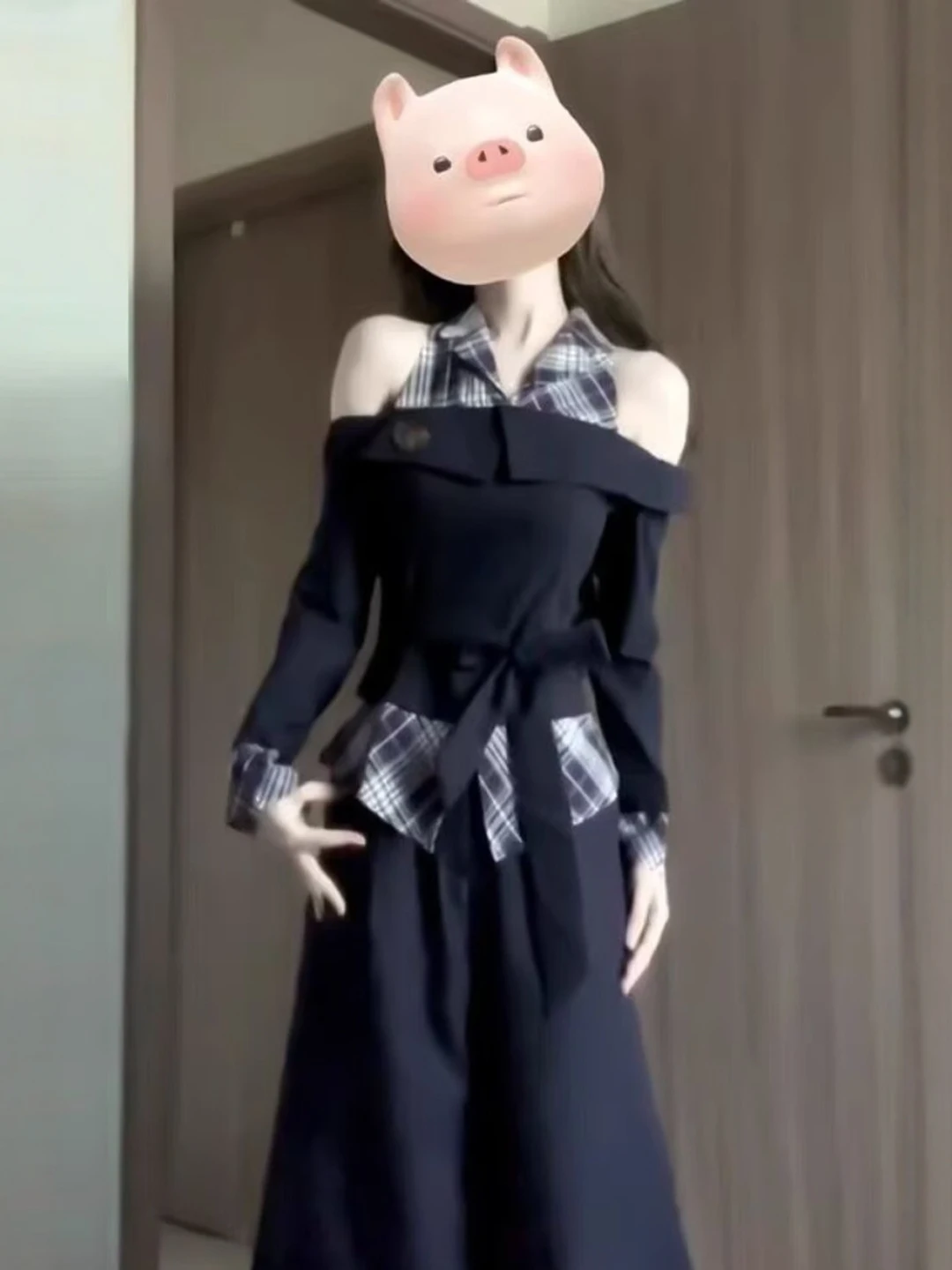 

Женская рубашка в корейском стиле с открытыми плечами, в клетку, с цветовыми блоками, весна-осень, с воротником, имитация двухслойности, с перекрестным поясом на талии