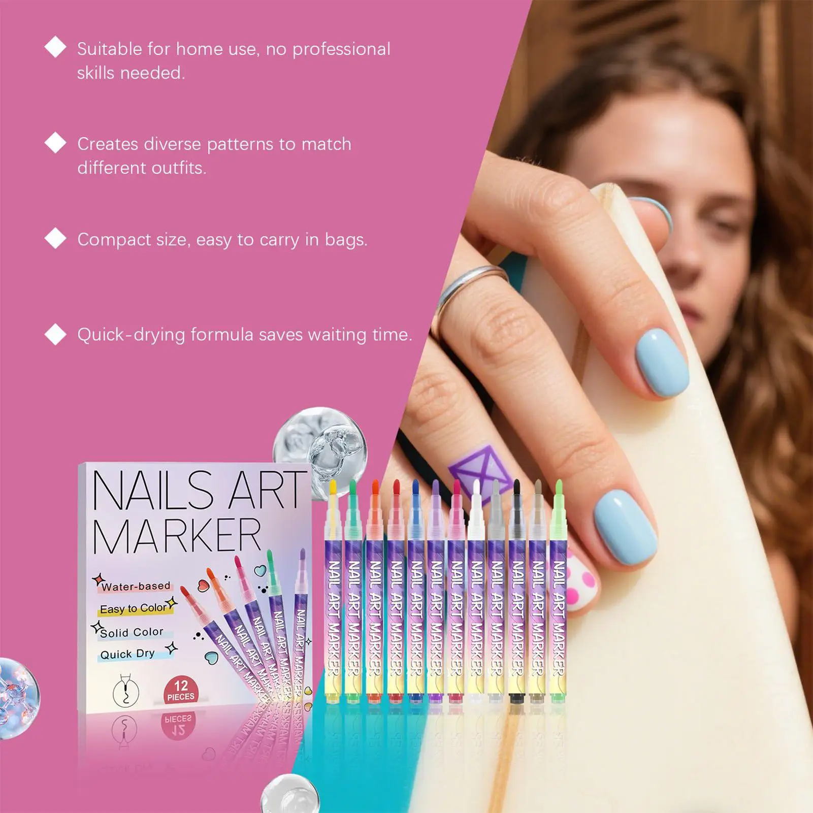 Nail Polish Pen 12 Colors 3D Nail Polish Pen Fingernail Drawing Markers for Women Home Salon Party Formal Wedding Travel