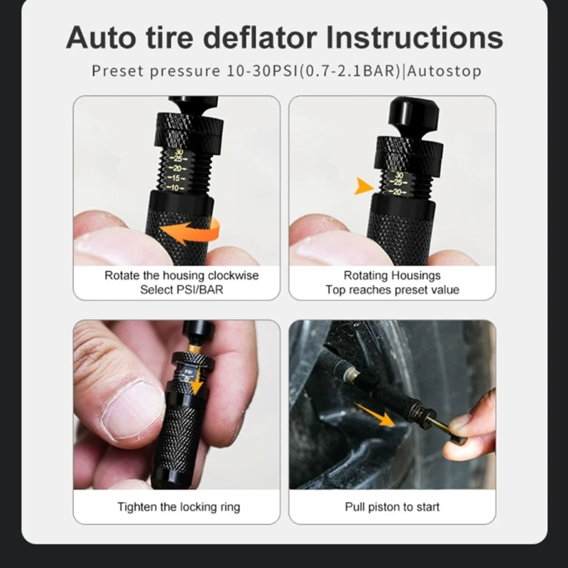 Reifen-Deflatoren, einfache Drehdruckkontrolle, verstellbar von 0,7 bis 2,1 Bar, mit Schutzkappen und praktischer Tragetasche – Detail 3