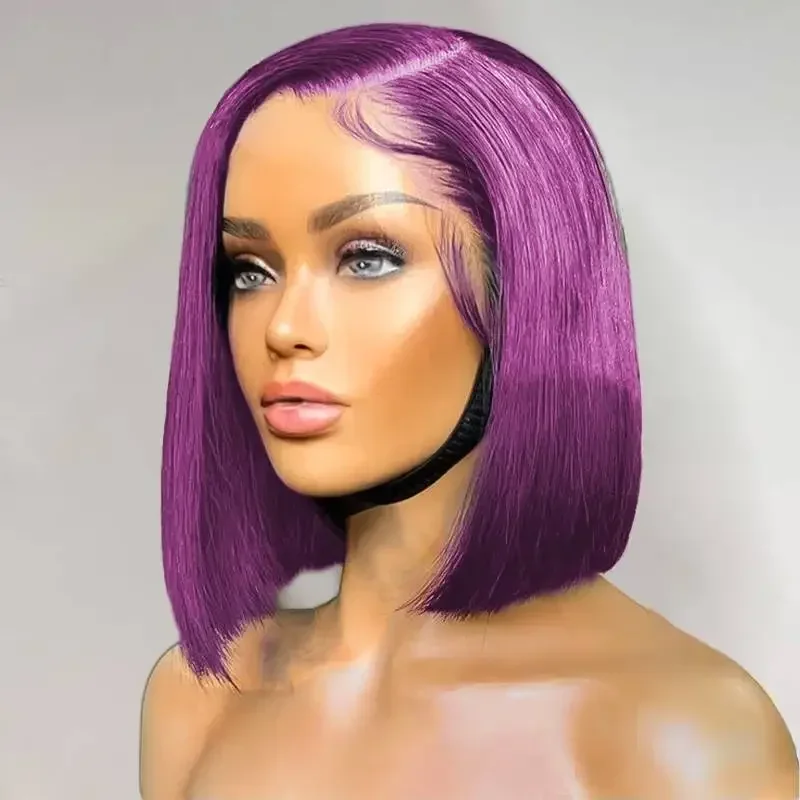 Free Wigs Dark Purple Short Bob Human Hair Wig  Transparent 13x4 Lace Front Glueless Wig  Cosplay Good Quality Fashion Beauty