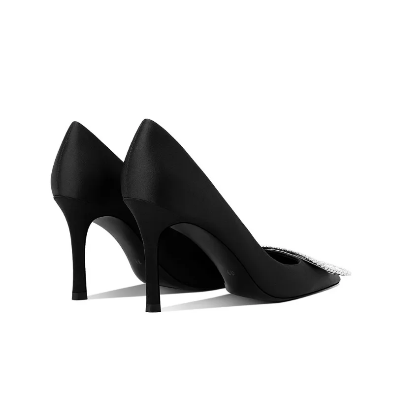 2025 جديد حذاء نسائي بكعب عالٍ أسود من الساتان خنجر حجر الراين مشبك أحذية الحفلات الأنيقة #3