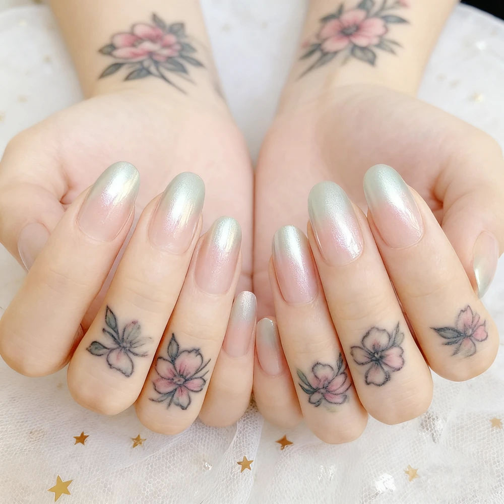 

Gradient Silver Acrylic Press On Nails French Tips Gradient Fake Nail With Glue DIY Woman Finger Manicure Accessory