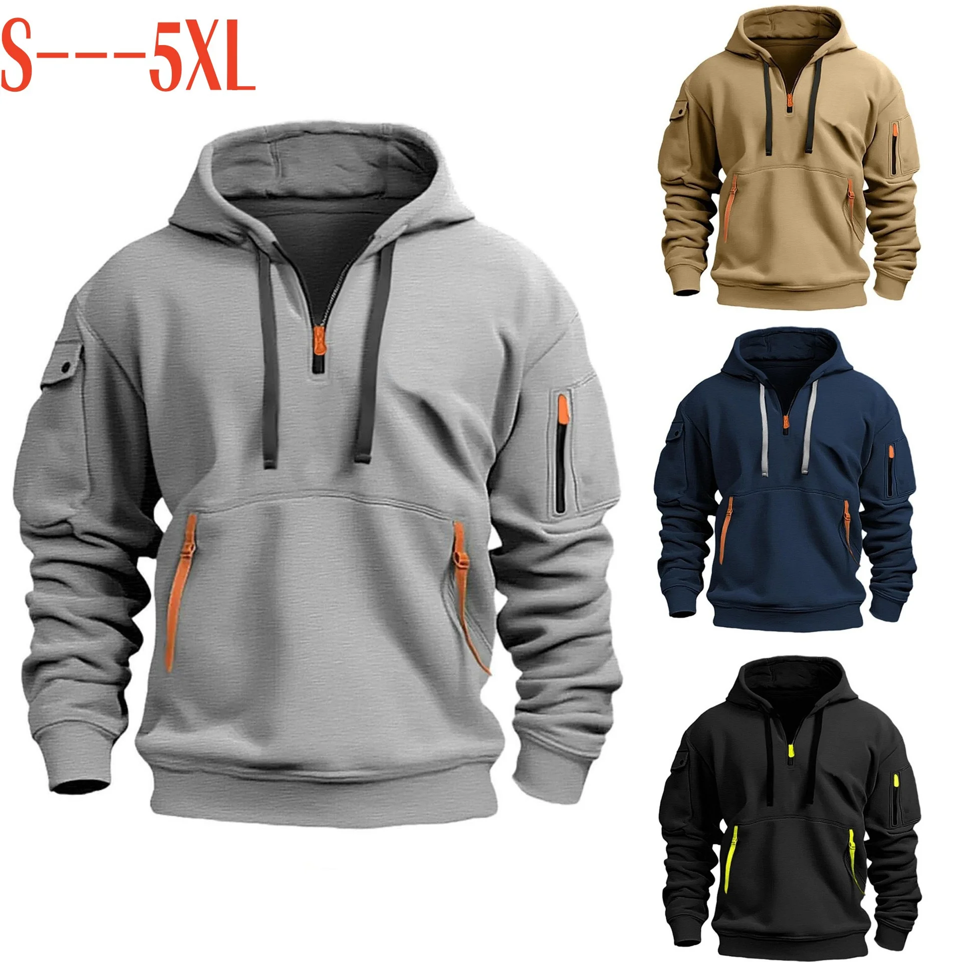 

New Autumn Winte Men's Fashion Hooded Sweatshirt Multiple Pockets Half Zipper Oversize Hooded g Hip Hop Loose Pullover