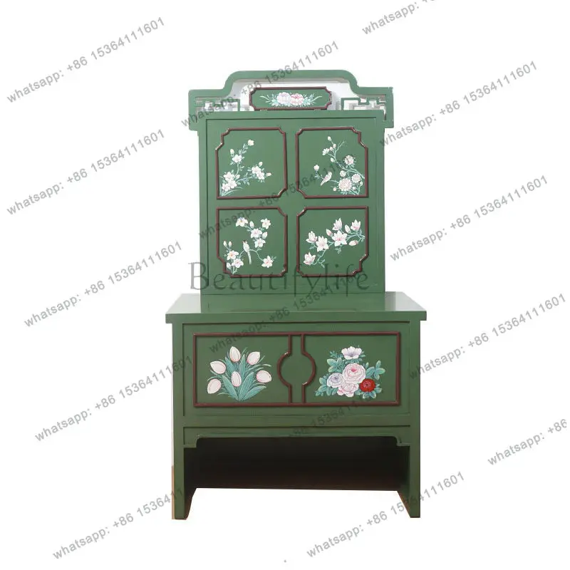 

New Chinese-style solid wood green decorative cabinet handmade green flower painted dresser