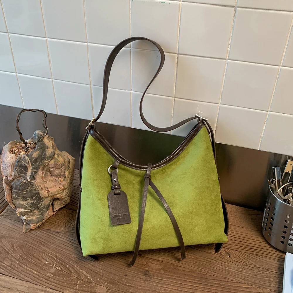 Green Suede Pu Patchwork Single Shoulder Bag Women's High Grade Soft Large Capacity Tote Bags Daily Commute Crossbody Packs