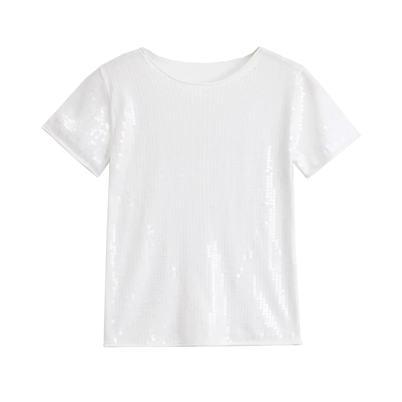 TRAFZA Pullover For Summer Women New Top White Solid O-Neck Short Sleeves Sequin Decoration Sweater Versatile Street Wear Mujer