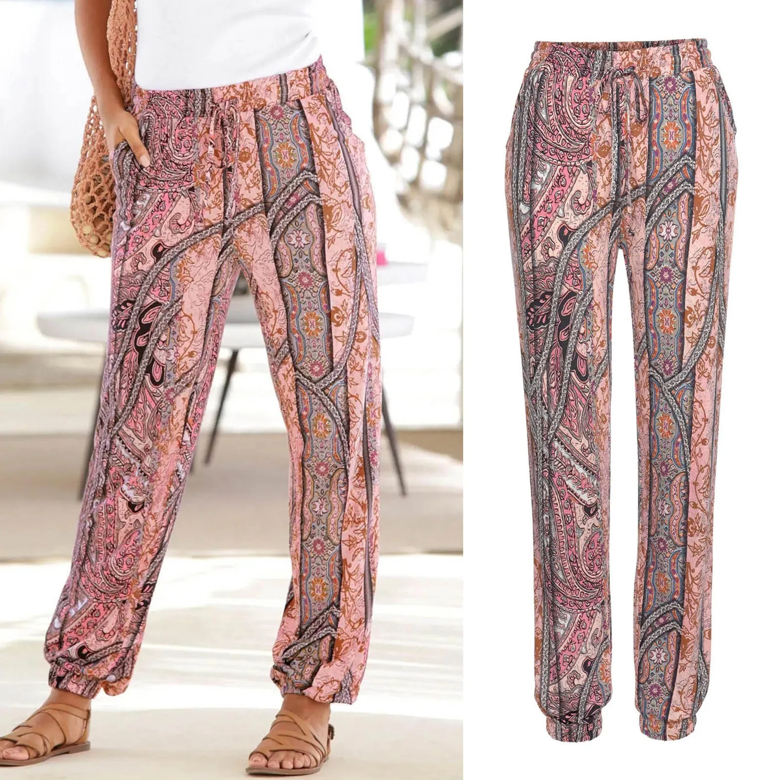 Female Plus Size Bohemian Pants Women Floral Print Mid Waist Vintage Long Pants Elastic Waist Summer 2023 Streetwear Trousers