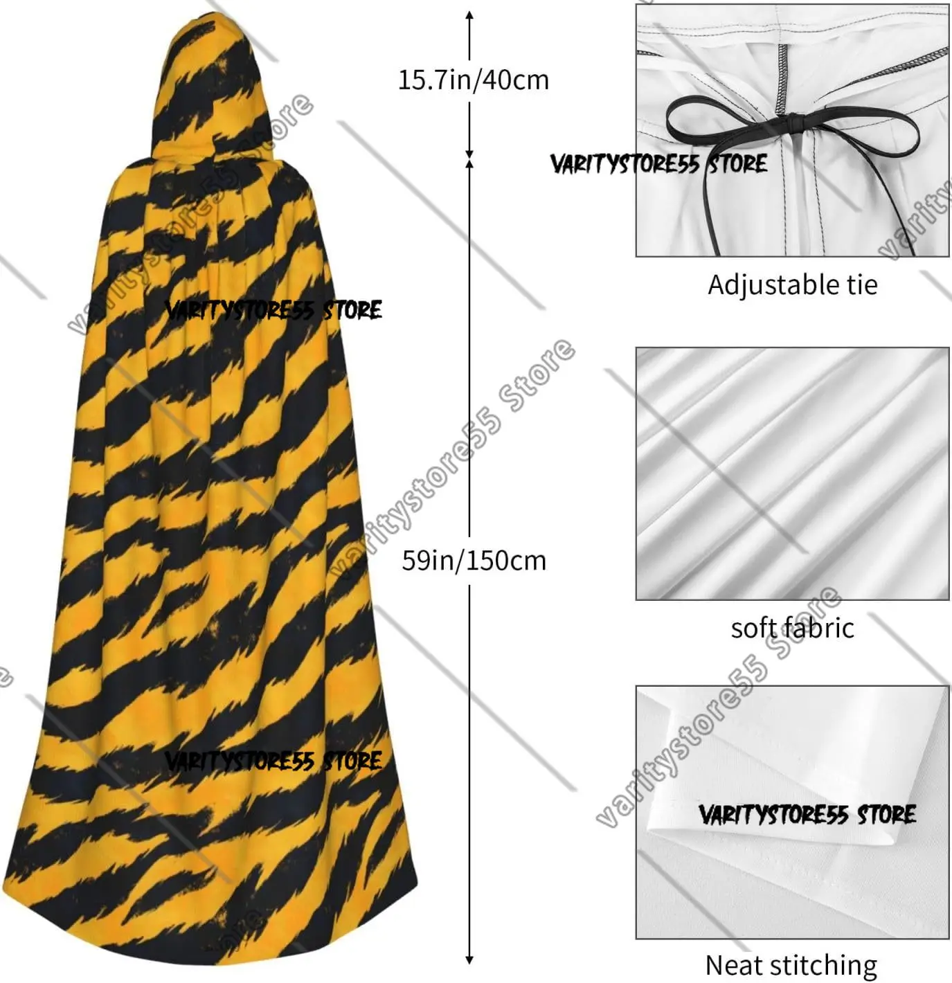 Cloak Hood Men Women Tiger Stripe Pattern Print Witch Hooded Vampire Cape Halloween Costumes Black
