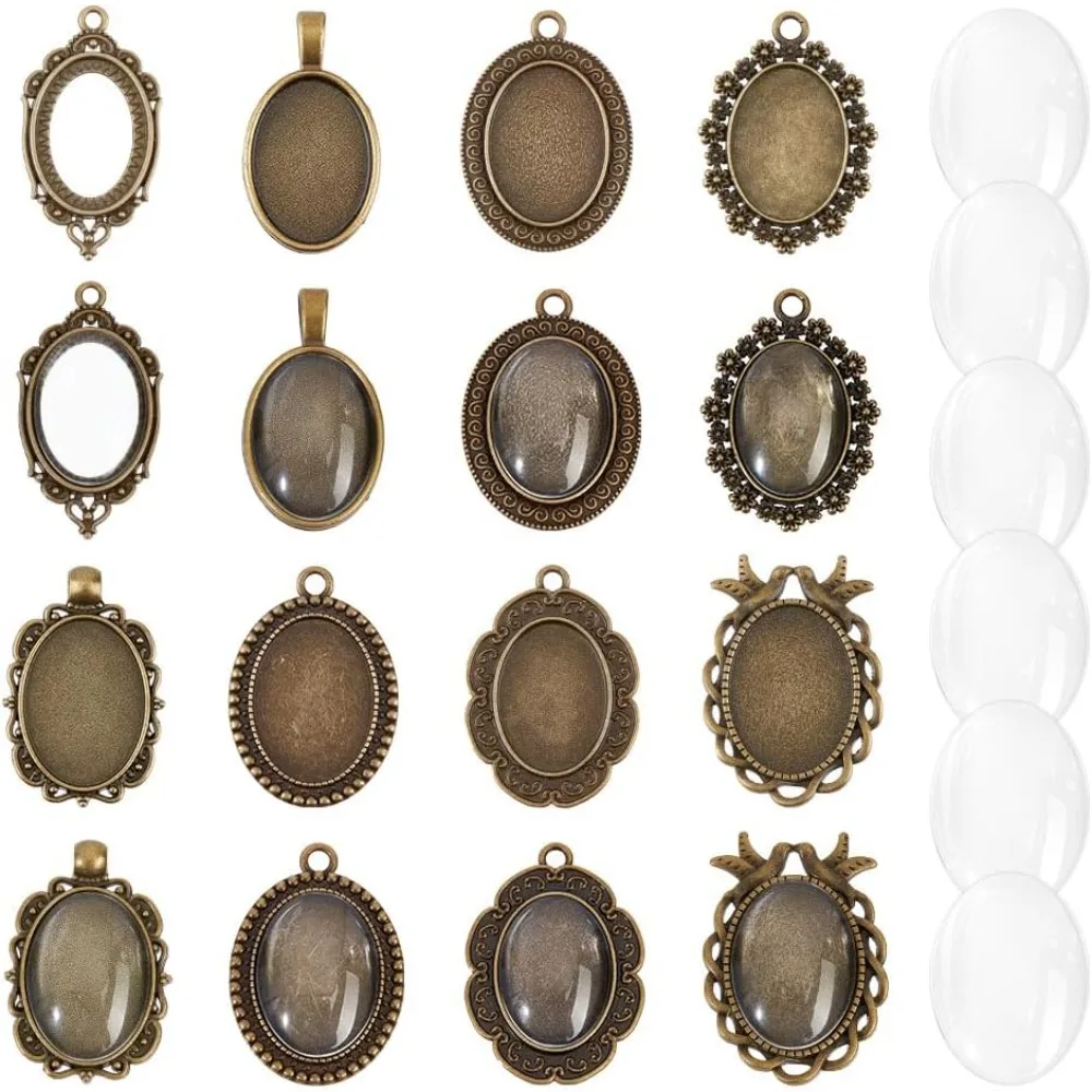 16 Pcs Vintage Tibetan Style Alloy Pendants, 36~42.5x21~29.5mm Pendant Trays for Jewelry Making Antique Bronze Oval Blank