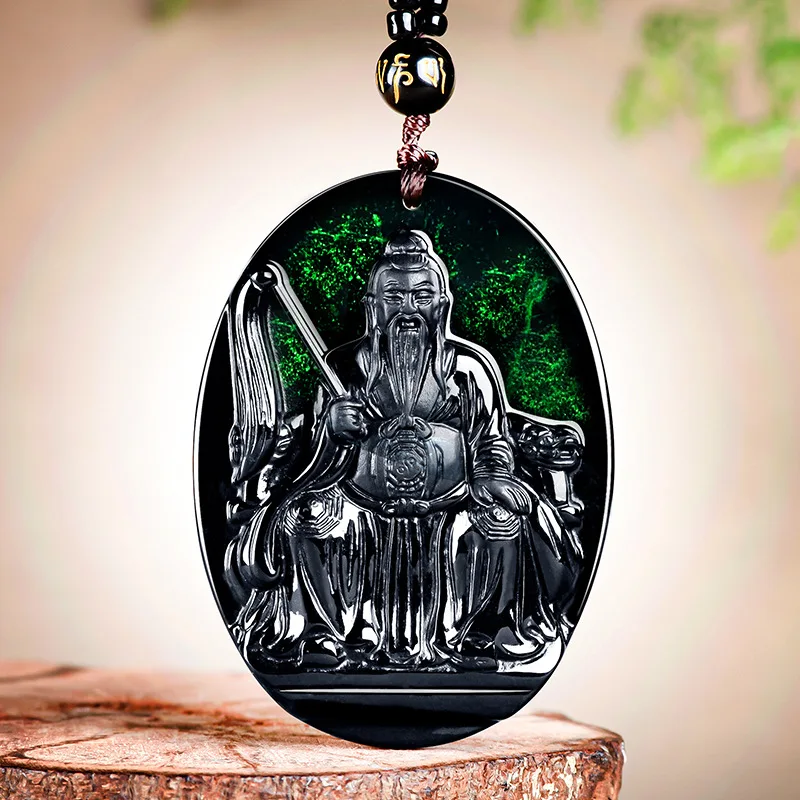 

Fashionable natural vintage A-grade jadeite ink jade Taoist philosophy Yuan Shi Tian Zun jade pendant men's and women's necklace