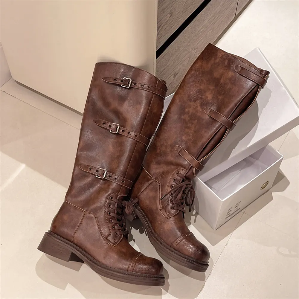 المرأة حذاء برقبة للركبة خمر حزام مشبك تصميم الأحذية النسائية موضة فارس التمهيد جلدية طويلة أنبوب الأحذية بوتاس Largas Mujer #4
