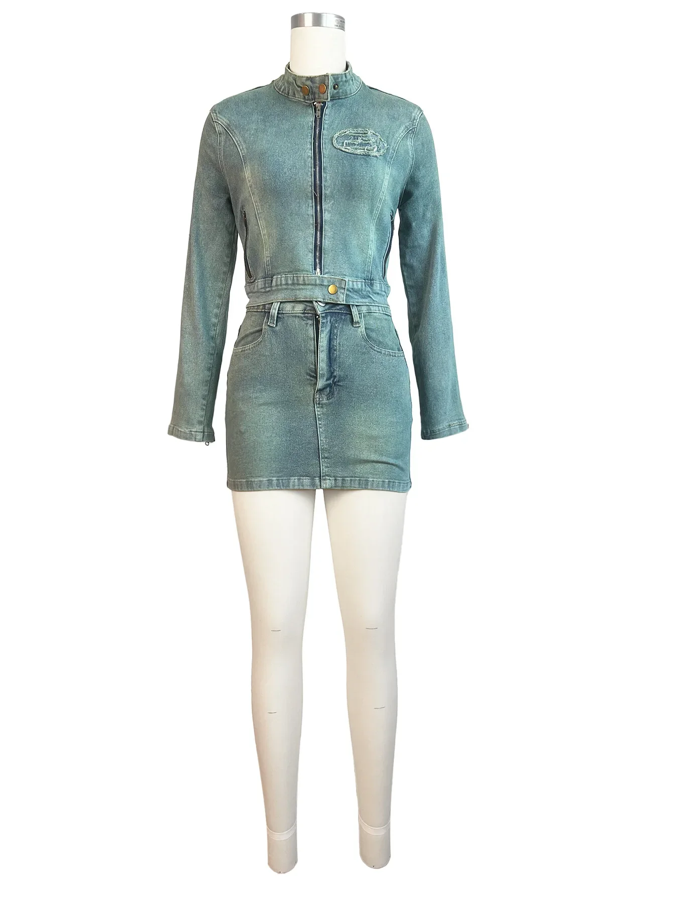 Vrouwen Rok Sets Tweedelige Denim Jas Rits Stand Kraag Top Midi Taille Mini Rokken Zakken Slim Fit Lady High Street