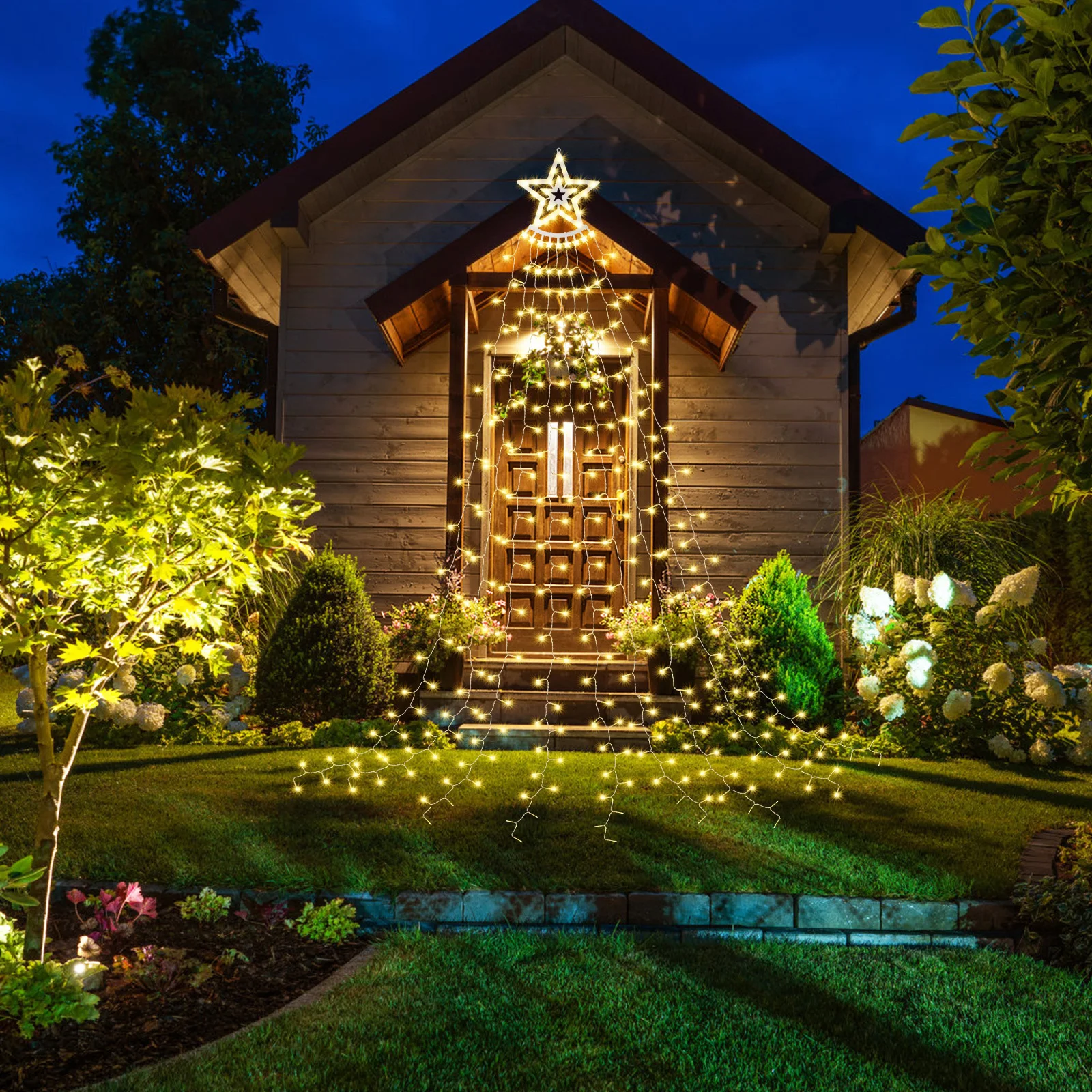 

350 LED Christmas Star Waterfall Light Xmas Tree Outdoor Hanging Lights Yard Patio Decorative Warm Glow Tree Lights Outdoor