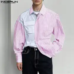 INCERUN 2024 Casual Men Long Sleeve Tops American Style Fashion Contrasting Stripes Shirts Lapel Button Elegant Autumn Tops