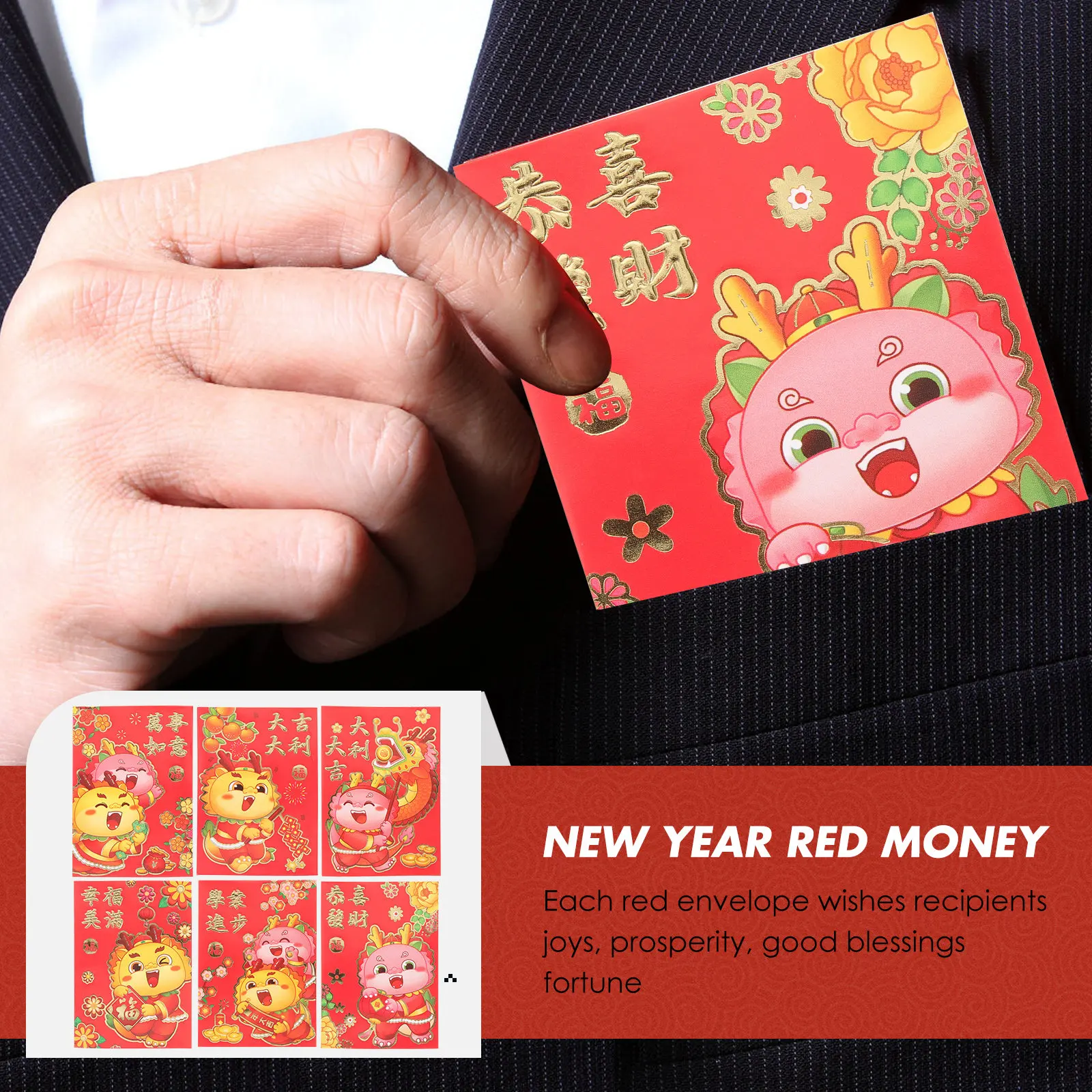 

30Pcs Spring Festival Red Envelopes Dragon Year Commemorative Red Packets Traditional Embossed Design Paper Money Envelopes