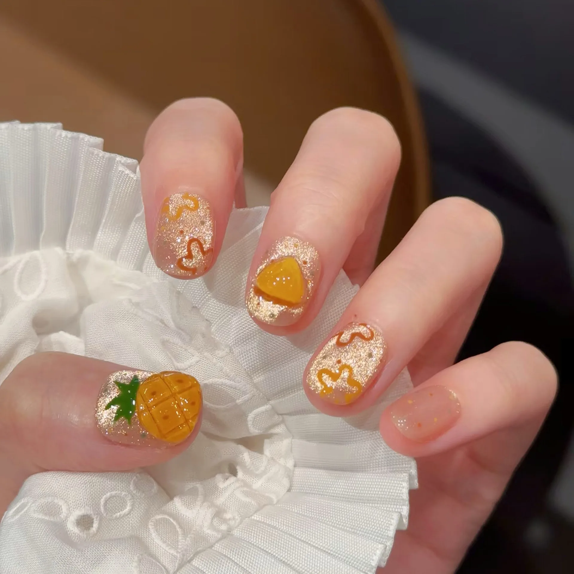 

10Pcs Handmade Short Press on Nails Shiny Cat Eye Cartoon Strawberry Pineapple Design Sweet Cute Fake Nails Wearable False Nails