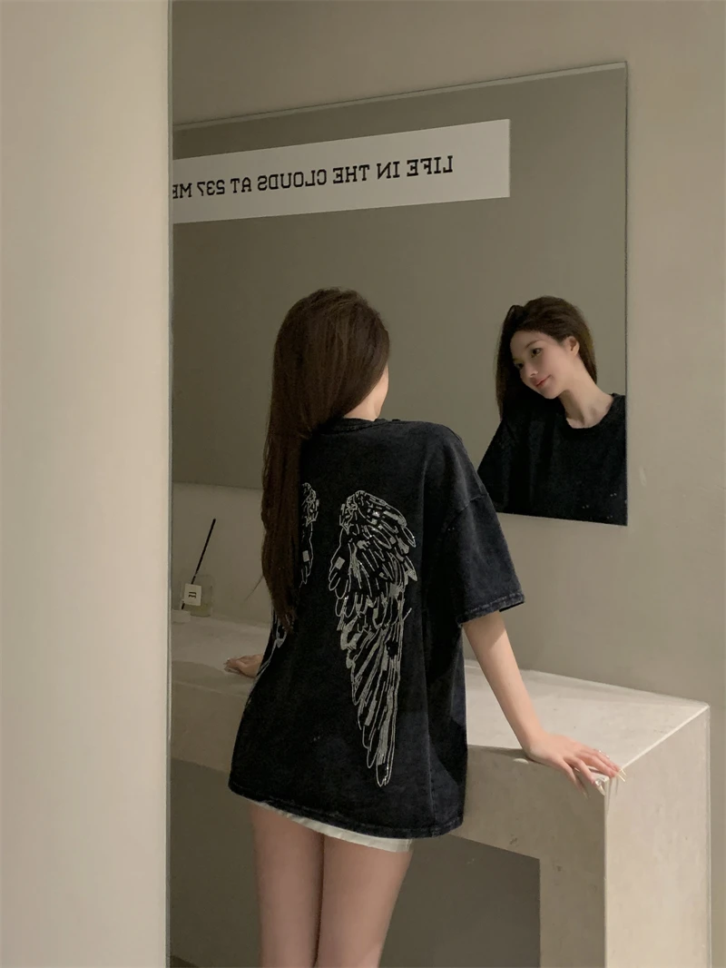 

American style high street hot diamond wings retro distressed loose fitting short sleeved large edition trendy brand t-shirt