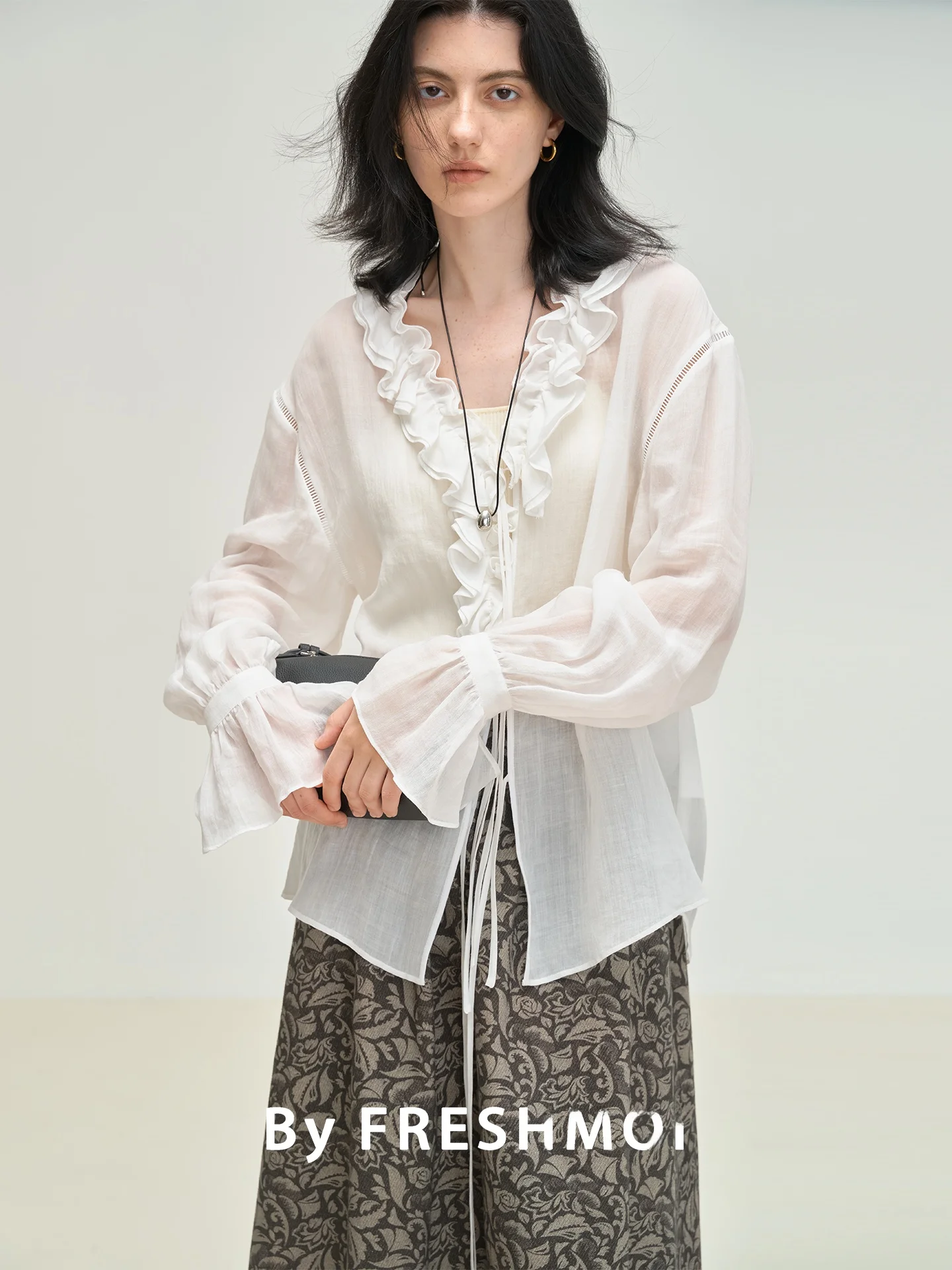 

Романтичная льняная блузка с завязками, двойным воротником-лотосом, прозрачная, в стиле французских праздничных нарядов, женская, свободного кроя