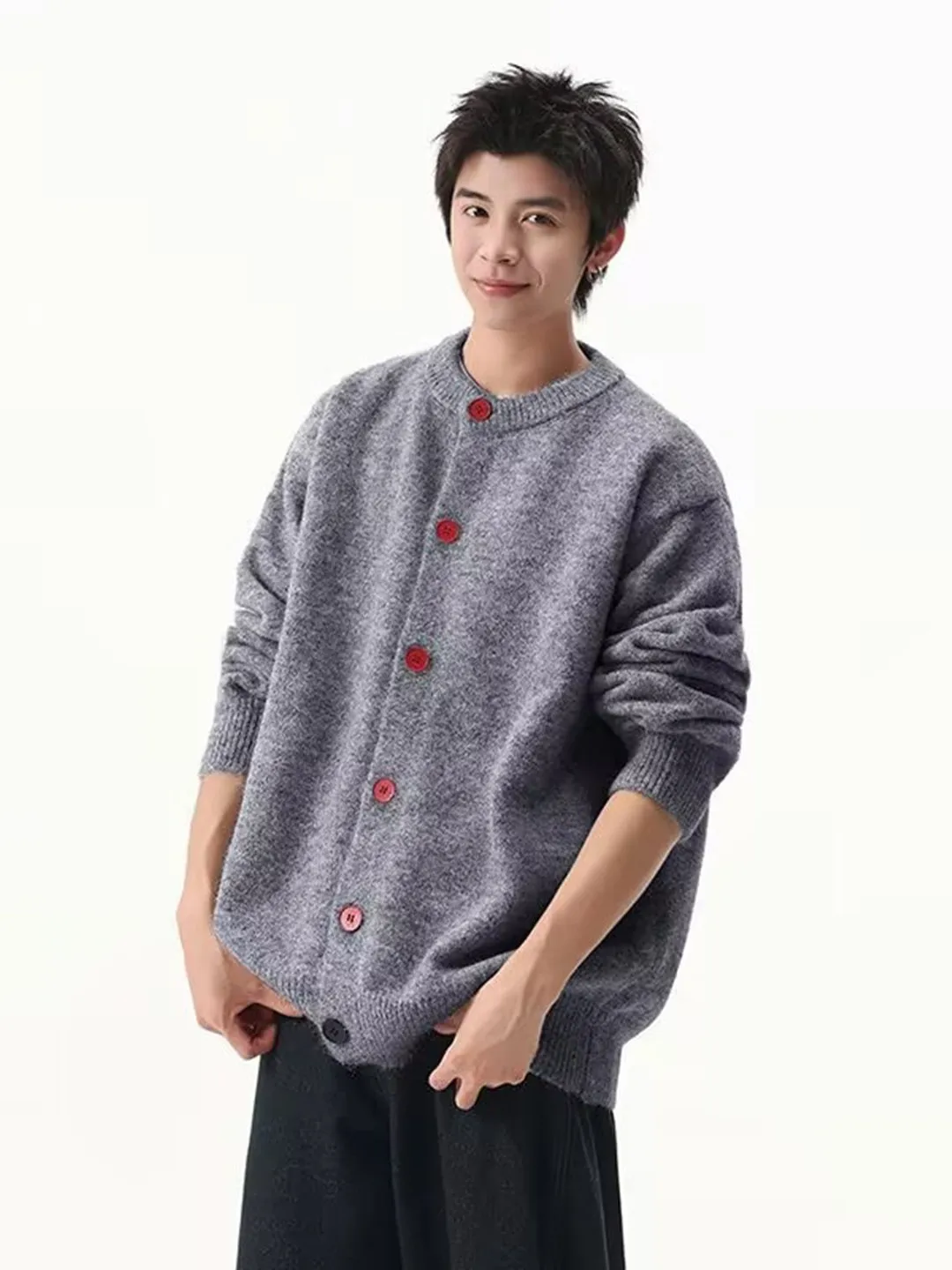 

Желтый вязаный открытый кардиган, свитер, мужской весенне-осенний свободный крой, удобный корейский повседневный длинный свек, круглый Ne