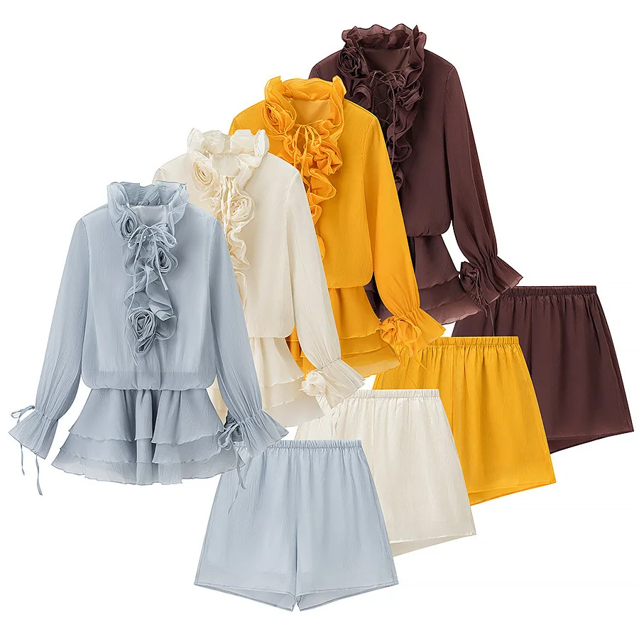 

Женский короткий комплект из двух предметов с 3D цветочным принтом, женская шифоновая блузка с длинными рукавами на шнуровке и рюшами + однотонные летние женские сексуальные винтажные шорты