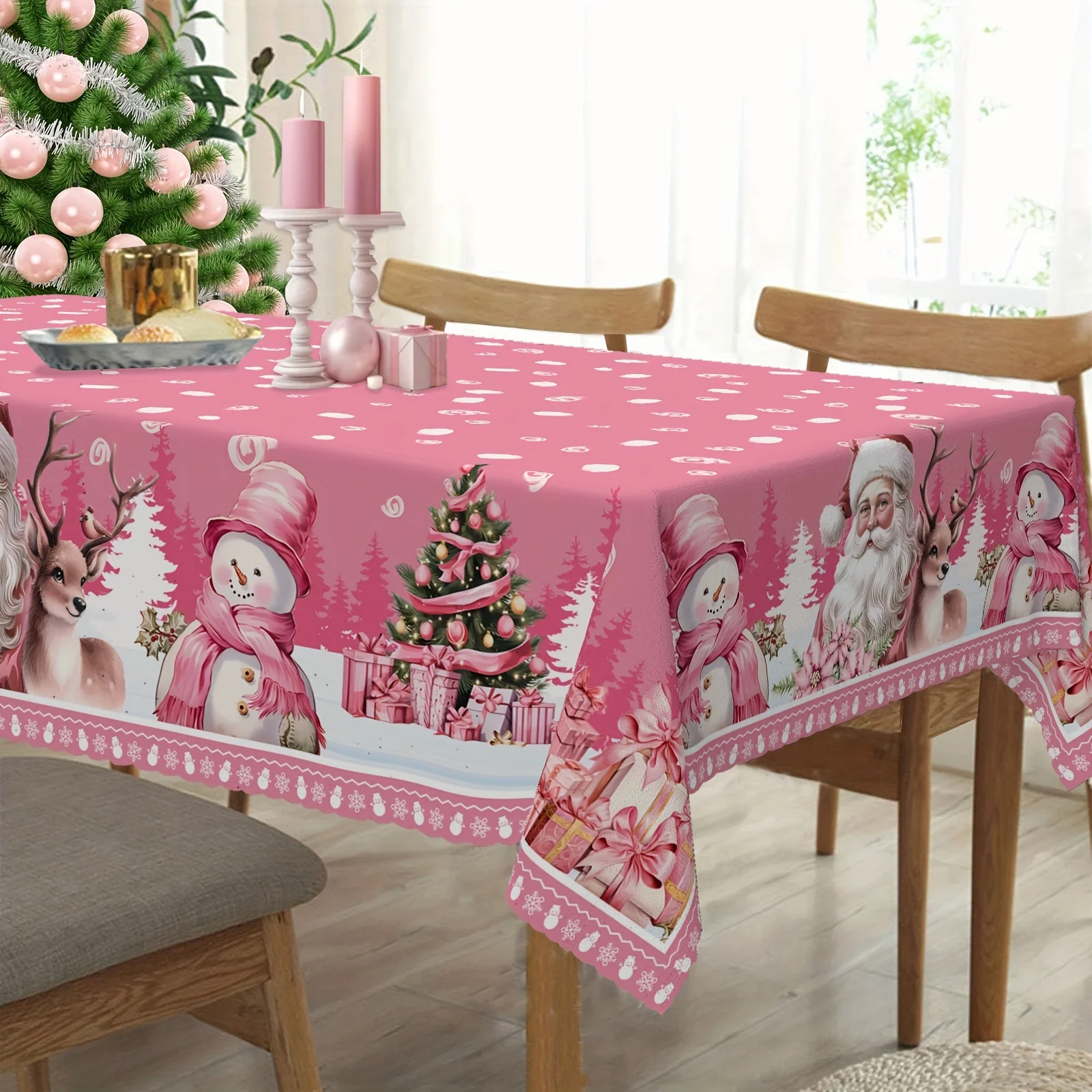 One circular Christmas tablecloth, a pink Santa Claus and reindeer snowman tablecloth, retro pink color.zyc