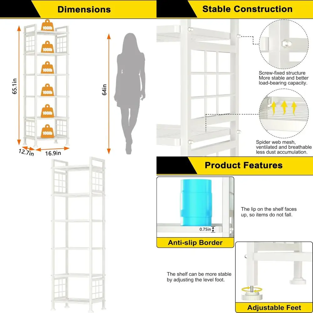 

Металлическая 6-ярусная стеллажная система хранения, белая напольная полка для организации кухни, прачечной и ванной комнаты