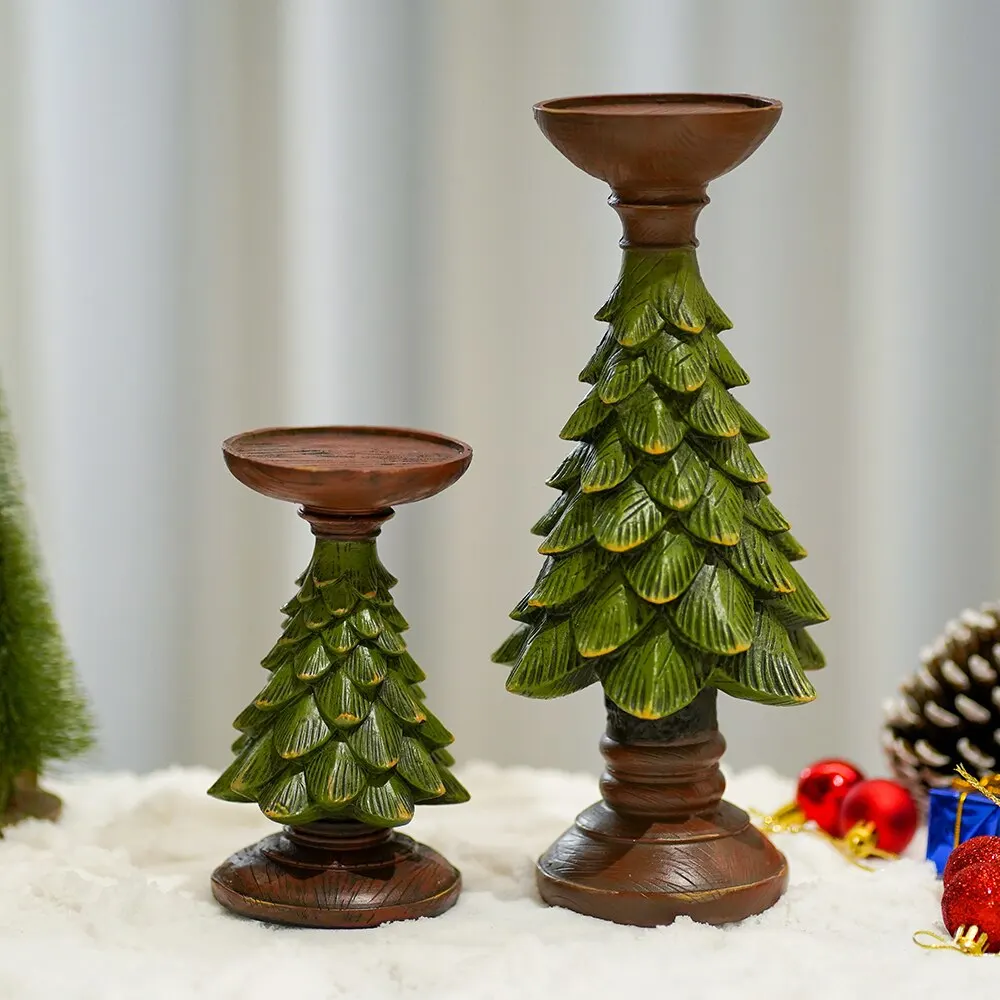 Resin Vintage Christmas Tree Candle Holder Figurines Decorative Candlestick Ornaments Holiday Noel Decoration Accessories Object