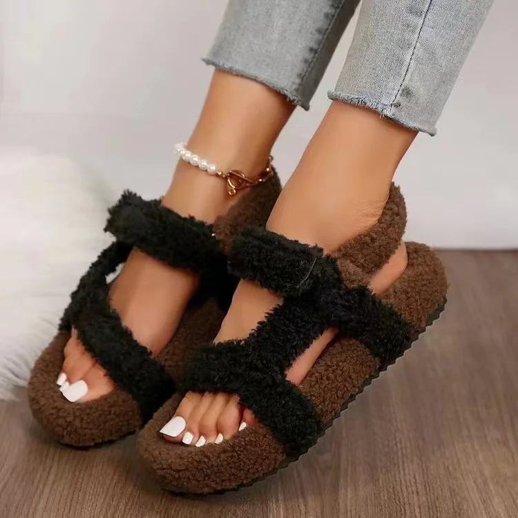 Sandalias de tacón con punta abierta para mujer, zapatos planos grandes de piel, cómodos, con hebilla redonda baja, color negro, talla grande, 2024