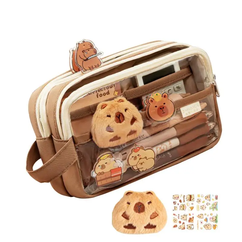 Clear Pencil Case With Cute Capybara Plush And Pins Aesthetic Pencil Pouch Cute Office Large Capacity Multi-layers Pen Case