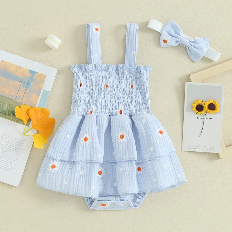 

New Baby Girl 2Pcs Summer Outfits Sleeveless Daisy Print Smocked Romper Dress With Headband Set Infant Clothes 0-18 Months