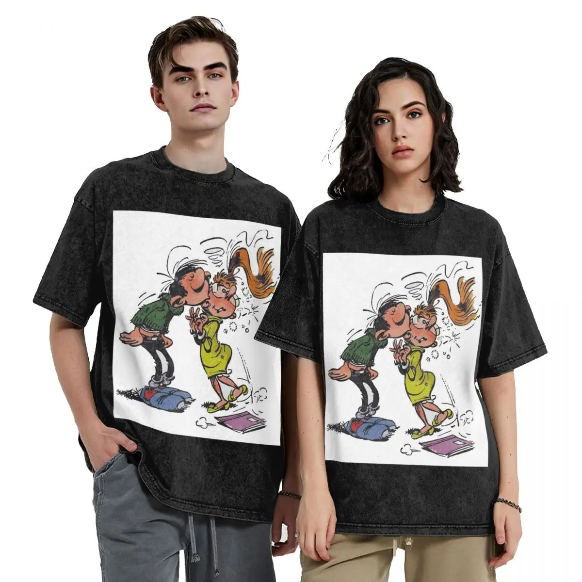 Gaston Lagaffe Washed T Shirts Harajuku Short Sleeve Hip Hop T-Shirt Streetwear Tops Tees for Men Women