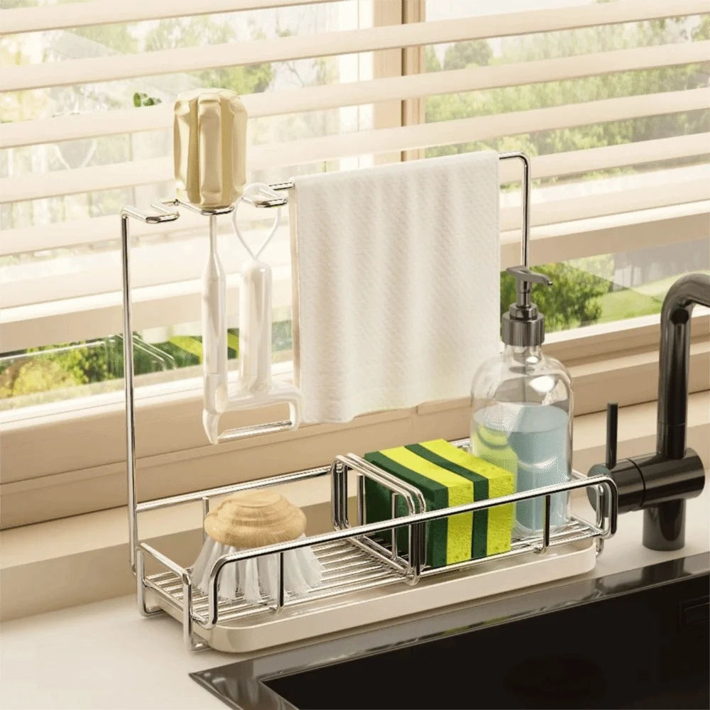 Detachable Drip Tray Dishcloth Drying Rack Quick Draining Rustproof Metal Storage Rack Open Hollow Structure