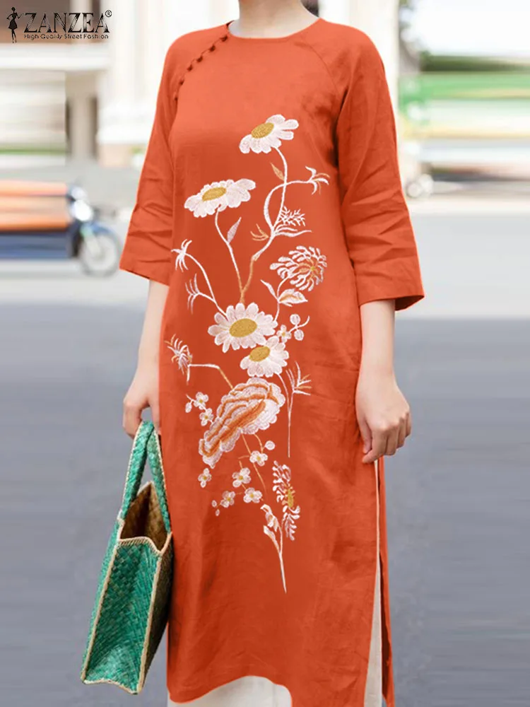 ZANZEA Female Casual Floral Embroidery Dress Fashion Split Hem Sundress Woman 3/4 Sleeve O-Neck Vestidos Summer 2024 Oversized