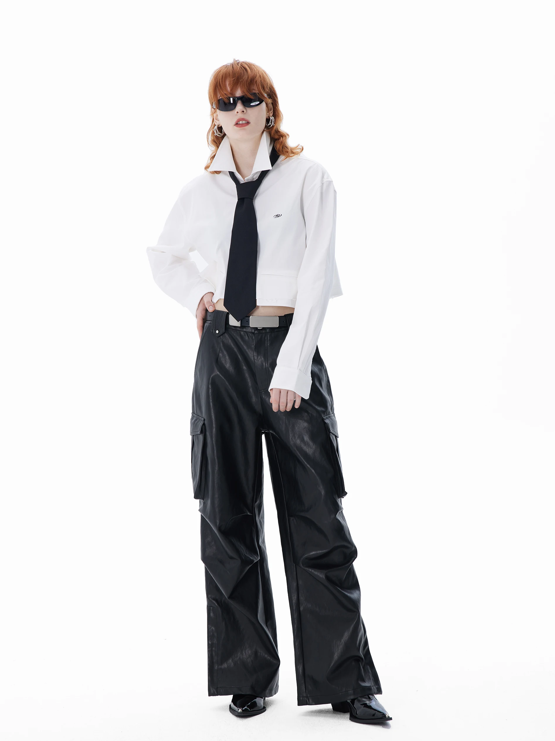 27-46 New 2024 Men Women Clothing GD Personality Multi-pocket High Street Overalls Wide Leg Leather Pants Plus Size Costumes