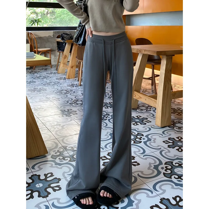 กางเกงขากระบอกทรงบานเอวสูงสีเทาไซส์ใหญ่ สไตล์อเมริกันลำลอง รุ่นใหม่ต้นฤดูใบไม้ผลิ มีเชือกผูก