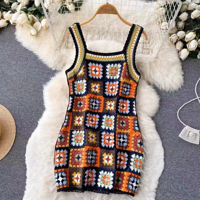 Travel Crochet Floral Dress Hollow out Crochet Knit Floral Sleeveless Crop Skirt Thin Strap Beach Boho Style Dress