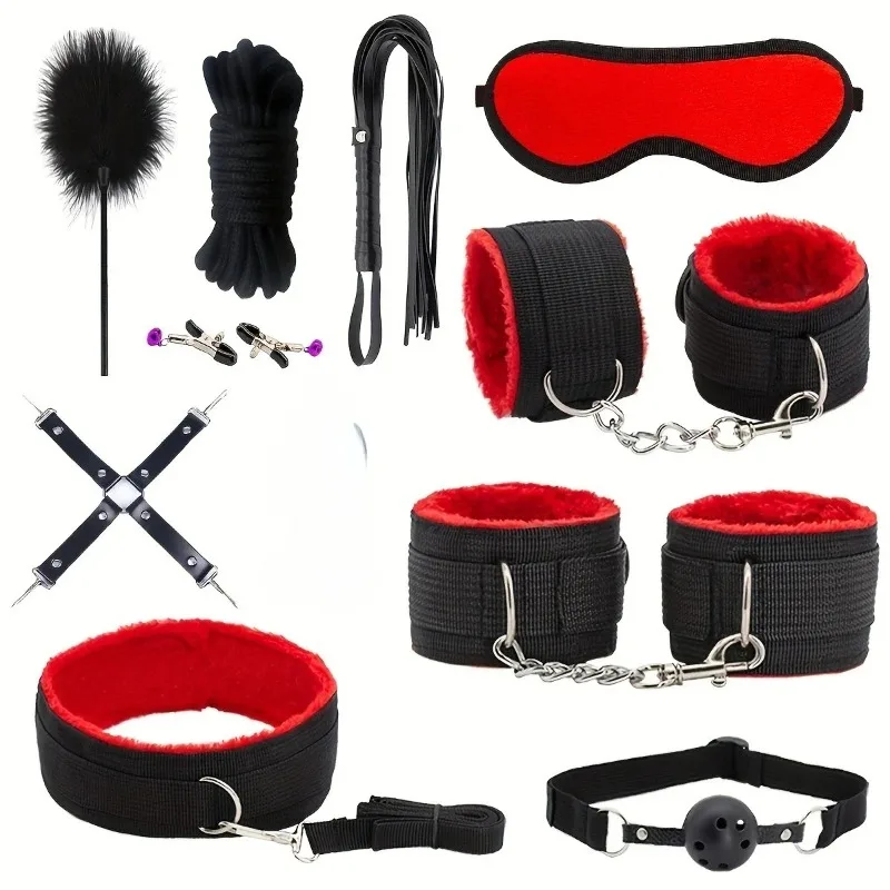 Soft Plush 11pcs Couple Bed Restraint Set,Comfortable Bondage Kit with Handcuffs Ankle Cuffs Collar Eye Mask view 5