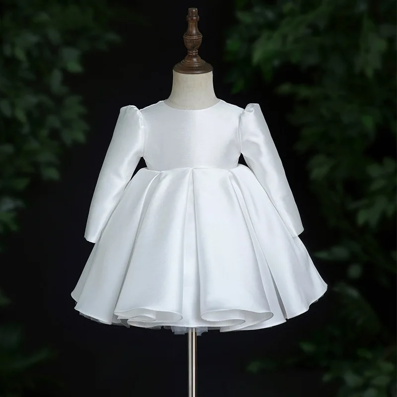 Weißes Blumenmädchenkleid aus Satin für Kleinkinder und Kinder für Hochzeit, erster Geburtstag, Zeremonie, Party, Prinzessin, Kommunion, Ballkleid für Mädchen im Alter von 1–14 Jahren – Detail 11