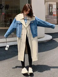 LANMREM Denim Stitching Trench Coat For Women 2024 Spring New Lapel Double Breasted Loose Fashion Long Windbreaker 2R7806