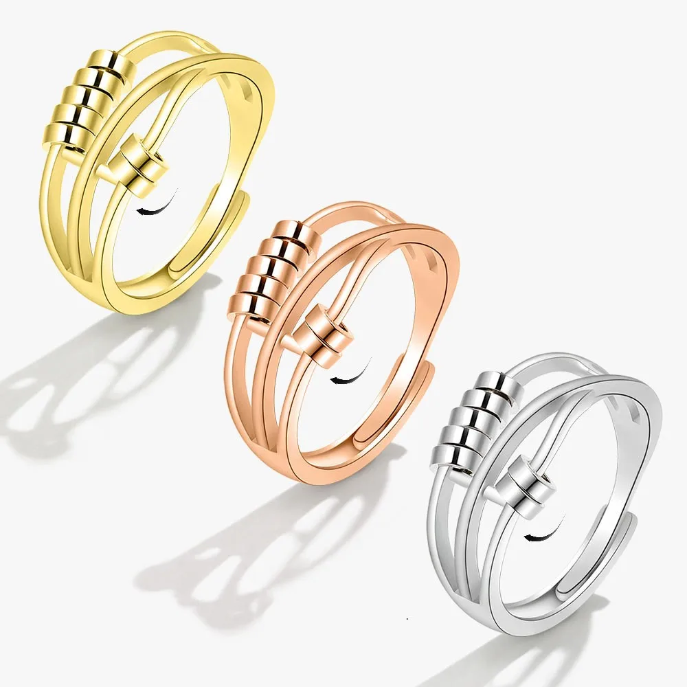 Round Bead Rotating Anxiety Luxury Woman Ring Twisted Fidget Metal Spinner Anxiety Relief Spinning Anti Stress Ring Bague Femme
