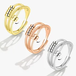 Round Bead Rotating Anxiety Luxury Woman Ring Twisted Fidget Metal Spinner Anxiety Relief Spinning Anti Stress Ring Bague Femme