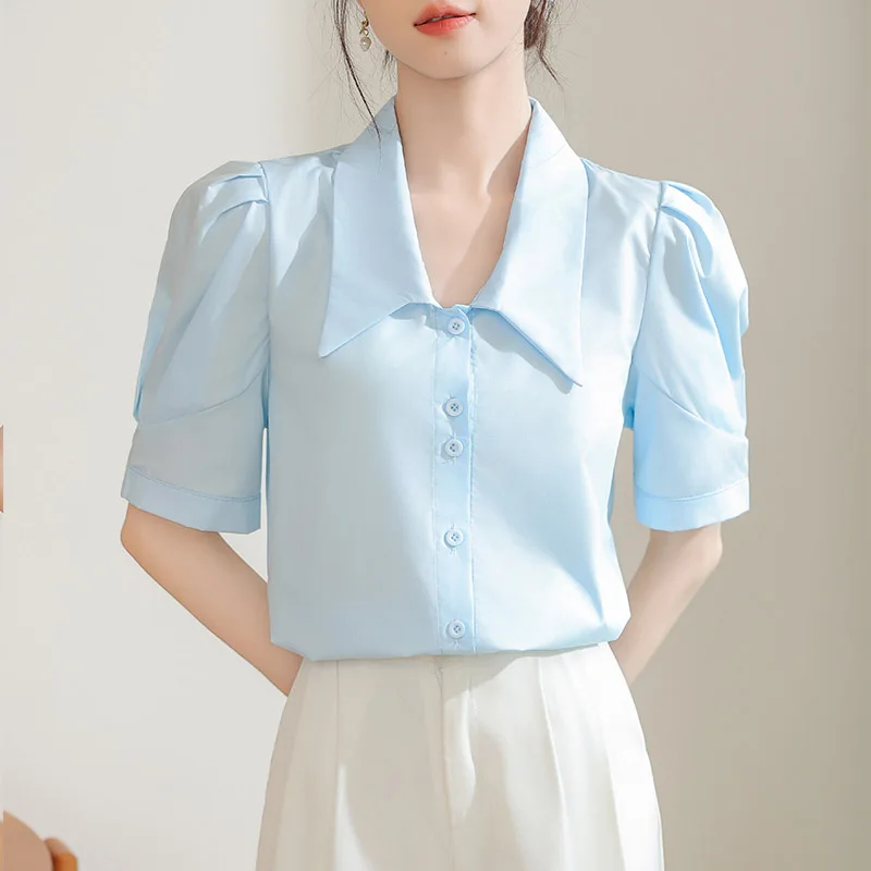 Women Clothing French Elegant Folds Shoulder Short Sleeve Shirt Summer Fashion Button All-match Chiffon Blouses Office Lady Tops