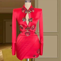 Red Cocktail Dresses Sheath Long Sleeves Short Mini Beaded Homecoming Dresses Haute Couture