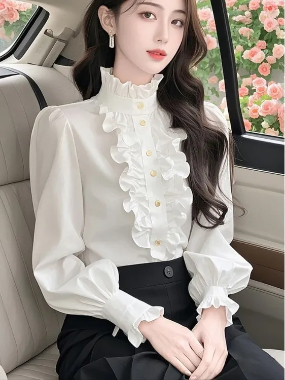 

Белая женская блузка Ele с воротником-стойкой и деревянными колокольчиками, модная, приталенная, весна 2025, новинка, элегантная, для офиса