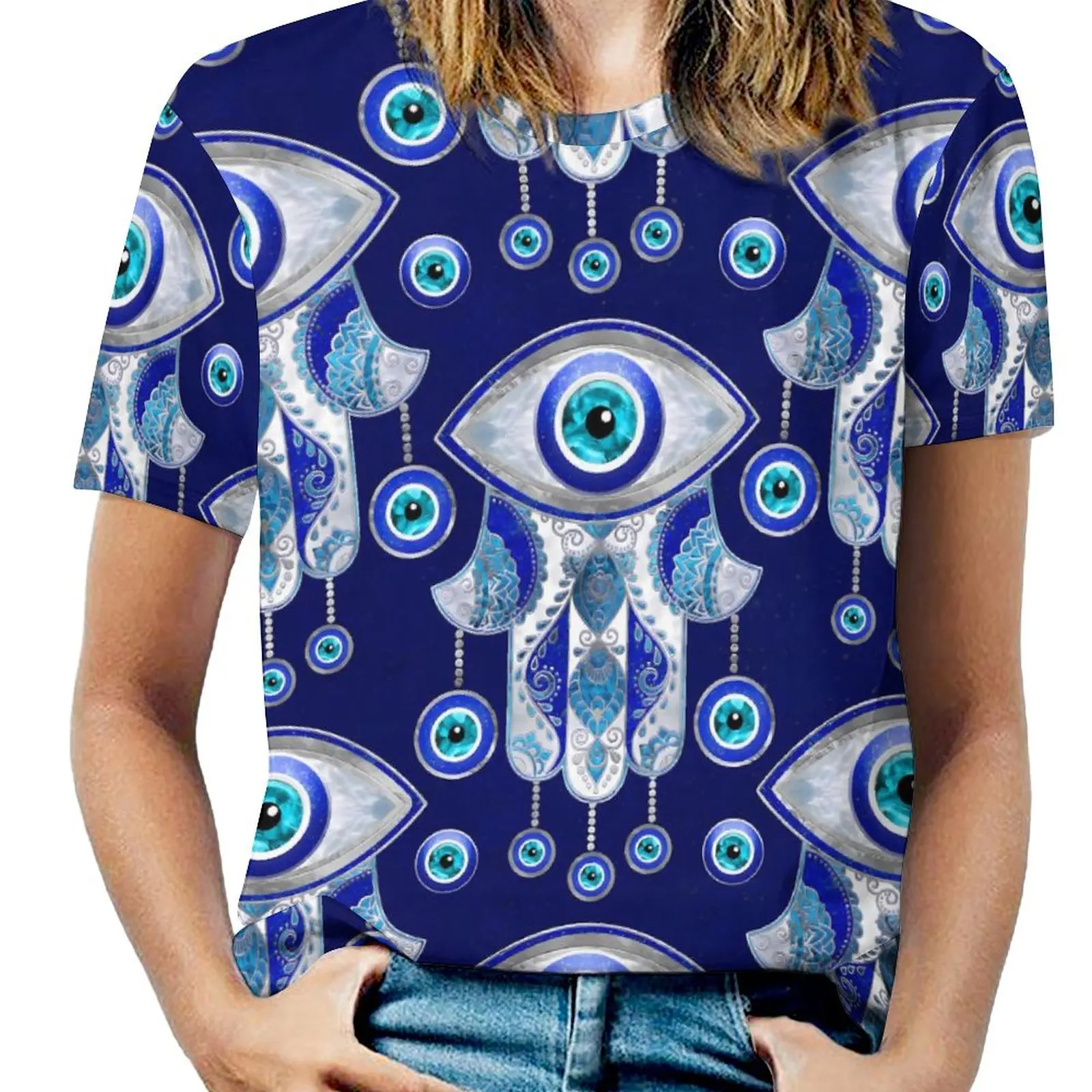 Evil Eye T-Shirt O Neck Hamsa Hand Oversized T-Shirts Short Sleeves Street Wear Tshirt Female Summer Modern Custom Clothing