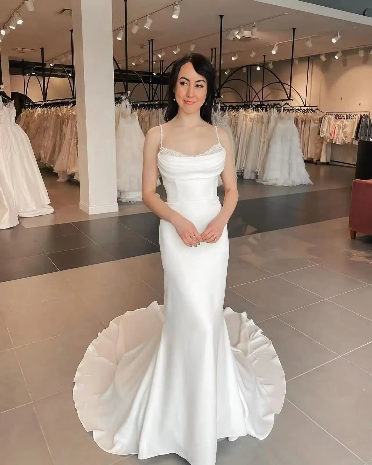 

Customized Elegant Spaghetti Straps Beaded Soft Satin Mermaid Wedding Dresses Backless 2025 Vestido De Noival