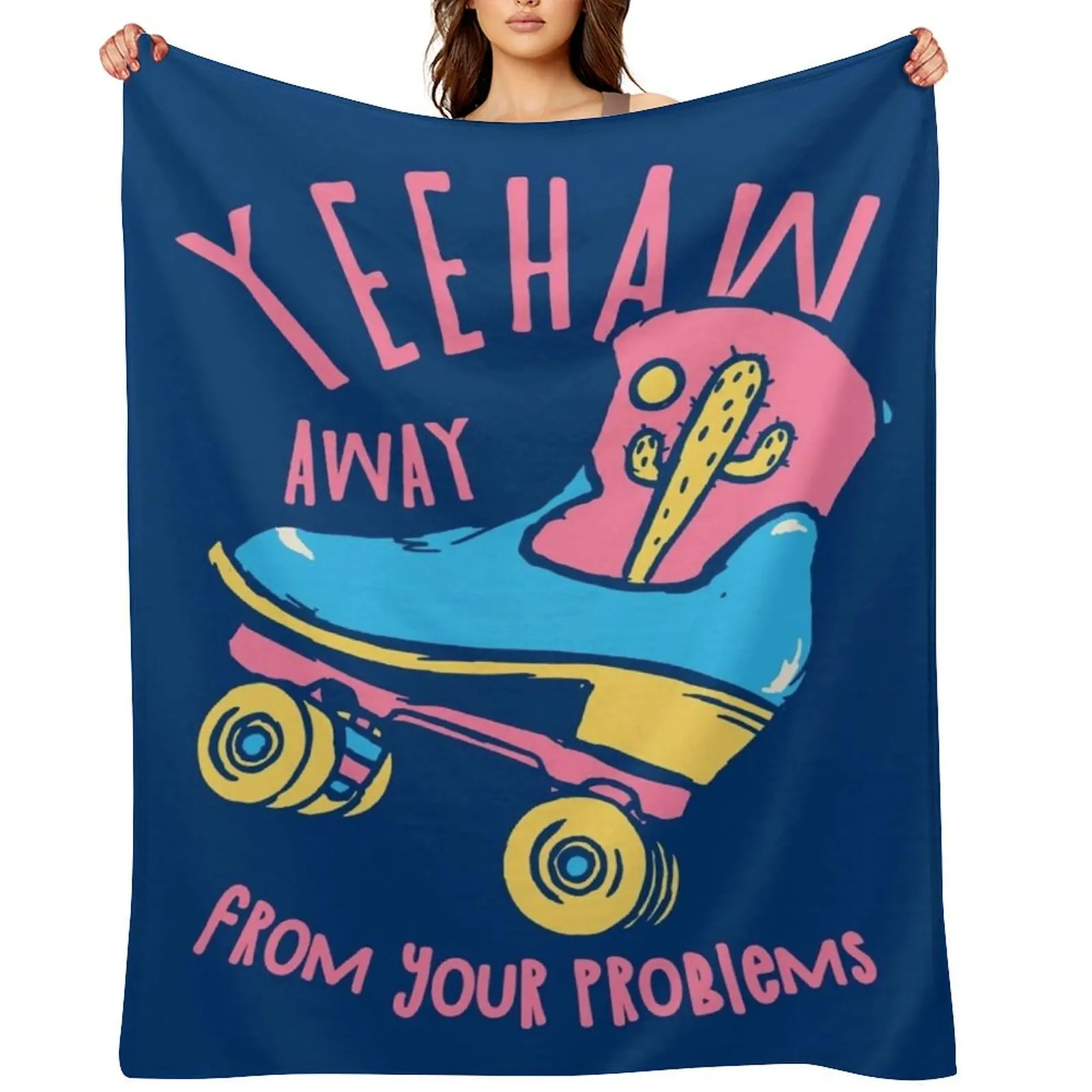

YeeHaw Away From Your Problems Blue BG Funny Adulting Yee Haw Cowboy Boot Roller Skater Boots MEME Throw Blanket Single Blankets