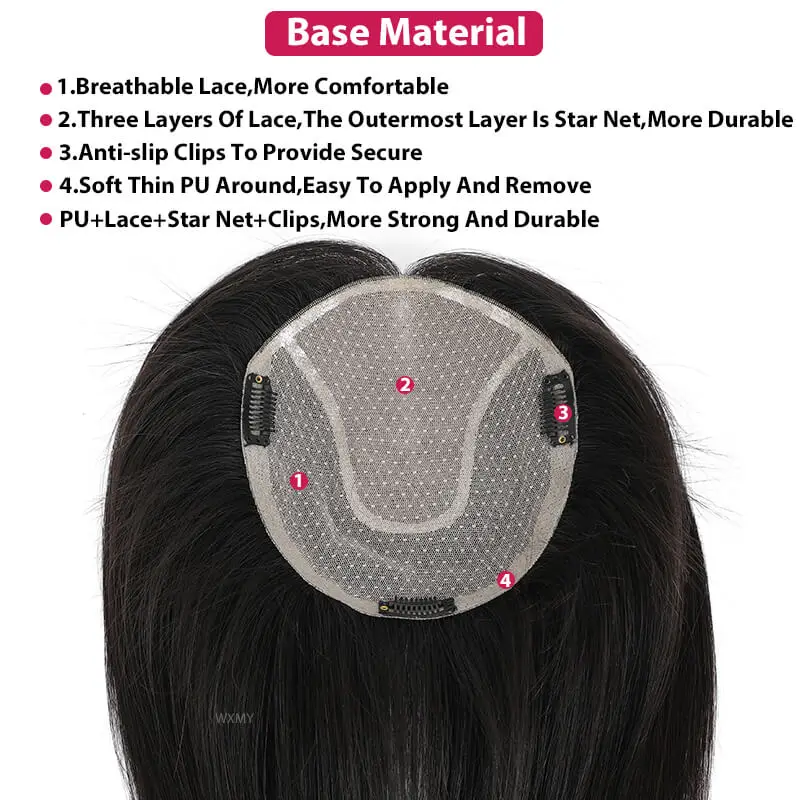 Breathable Silk Base Hair Topper With Lace &Thin Pu &Clips On Hairpieces Straight Human Hair Toppers For Women Natural Scalp Wig